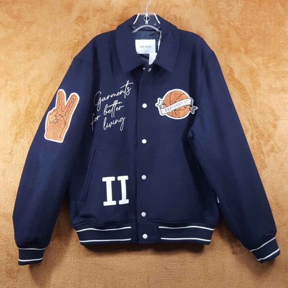 LES DEUX Varsity Jacket Mens XS Navy Snap Button Wool Basketball Sneakers $439